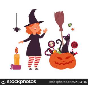 Magic witch character. Little girl with black cat and smiling pumpkin with sweets. Halloween party vector concept. Illustration of halloween costume, witch magic and pumpkin. Magic witch character. Little girl with black cat and smiling pumpkin with sweets. Halloween party vector concept