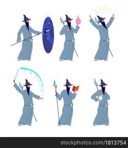 Magic wizard character. Cartoon magicians, mystery male with beard. Medieval magical person, isolated old mysterious man vector illustration. Fantasy sorcerer magic, wizard and witchcraft. Magic wizard character. Cartoon magicians, mystery male with beard. Medieval magical person, isolated old mysterious man vector illustration