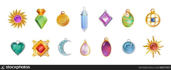 Magical amulets of different shapes vector illustrations set. Gemstone necklace pendants for witch or wizard isolated on white background. Magic, witchcraft, fantasy concept for UI, GUI or game design