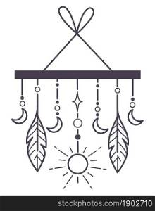 Magical and ethnic amulet or sign for catching dreams. Bohemian talisman with feathers, crescent moon with stars and sun on thread. Occult and witchcraft. Colorless line art, vector in flat style. Dream catcher with feathers and crescent moon