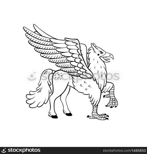 Magical creatures set. Mythological animal - hippogriff. Doodle style black and white vector illustration isolated on white background. Tattoo design or coloring page, Line Art. Magical creatures set. Mythological animal - hippogriff. Doodle style black and white vector illustration isolated on white background. Tattoo design or coloring page, Line Art.