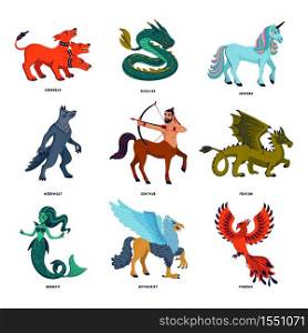 Magical creatures set. Mythological animals. Flat style vector illustration isolated on white background. Magical creatures set. Mythological animals. Doodle style black and white vector illustration isolated on white background. Tattoo design or coloring page, Line Art.