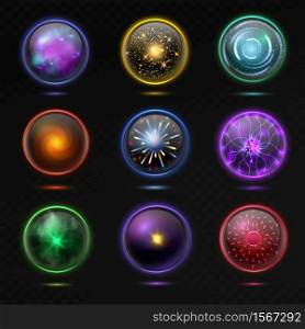 Magical crystal orbs. Glowing energy sphere and shiny lightning, spiritual round magnificent glass globe occult prediction future, magic balls 3d vector isolated set. Magical crystal orbs. Glowing energy sphere and shiny lightning, spiritual glass globe occult prediction future, magic balls 3d vector set