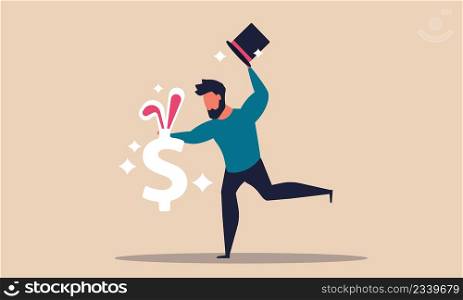 Magical dollar and fortune incentive to investment. Jackpot earn and illusion with magician hat vector illustration concept. Luck rabbit money and wealth income to businessman. Business giveaway
