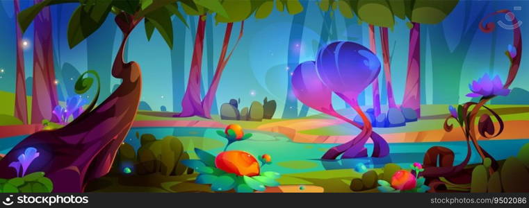 Magical fantasy forest with bright glowing fancy plants and shapes in cartoon vector illustration. Dreamlike world with lake, trees and flowers. Fantastic landscape for games or fairy tales.. Magical fantasy forest with fancy plants