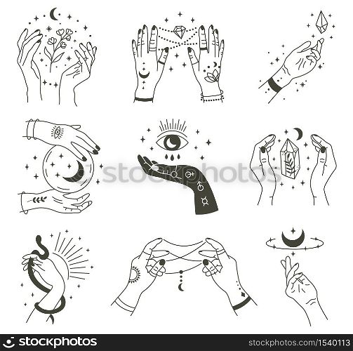Magical hands. Boho occult magic hand, witch mystical symbol, witchcraft hand drawn arms with moon and crystal vector illustration icons set. Magic spiritual witchcraft, mystic esoteric. Magical hands. Boho occult magic hand, witch mystical symbol, witchcraft hand drawn arms with moon and crystal vector illustration icons set