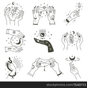 Magical hands. Boho occult magic hand, witch mystical symbol, witchcraft hand drawn arms with moon and crystal vector illustration icons set. Magic spiritual witchcraft, mystic esoteric. Magical hands. Boho occult magic hand, witch mystical symbol, witchcraft hand drawn arms with moon and crystal vector illustration icons set