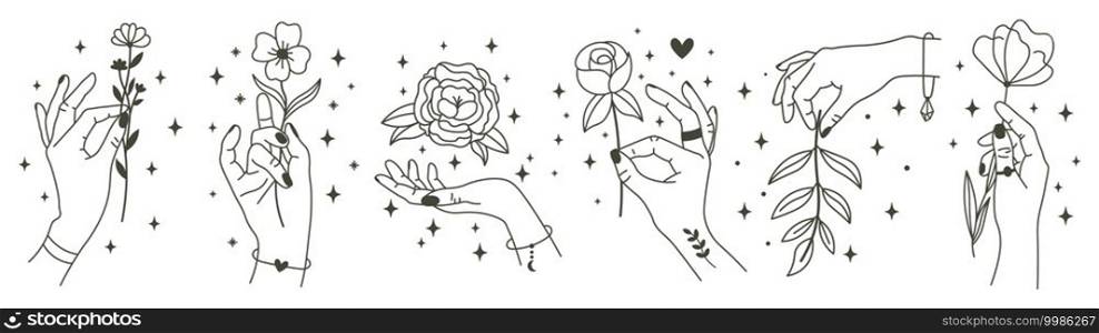 Magical hands holding flowers. Minimalist hands and flowers, abstract hand drawn floral symbols. Modern magical tattoo elements vector illustration set. Magic flower, mystic hand beauty with bloom. Magical hands holding flowers. Minimalist hands and flowers, abstract hand drawn floral symbols. Modern magical tattoo elements vector illustration set