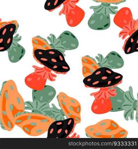 Magical magic fly agaric seamless pattern. Creative mushrooms silhouettes wallpaper. For fabric design, textile print, wrapping paper, cover. Vector illustration. Magical magic fly agaric seamless pattern. Creative mushrooms silhouettes wallpaper.