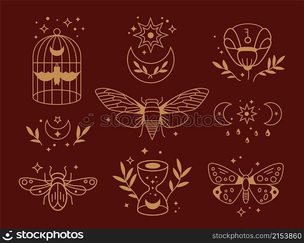 Magical outline collection. Tribal symbols, boho golden moon. Crystal and floral elements, mystical alchemy spiritual garish vector collection. Illustration of magic and mystic collection icons. Magical outline collection. Tribal symbols, boho golden moon. Crystal and floral elements, mystical alchemy spiritual garish vector collection