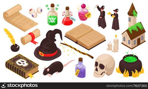 Magical set of magicians stuff for witchcraft magic potion ancient manuscripts skull isolated icons isometric vector illustration