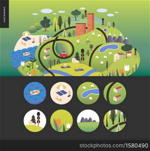 Magical summer landscape - green island with lake, hills, roads, cars, houses and trees, with mountains and clouds above and flowers on foreground. Sheep, resting and doing sport people. Scene icons.. Magical summer landscape