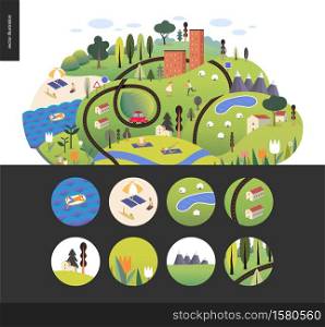 Magical summer landscape - green island with lake, hills, roads, cars, houses and trees, with mountains and clouds above and flowers on foreground. Sheep, resting and doing sport people. Scene icons.. Magical summer landscape