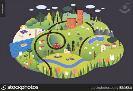Magical summer landscape - green island with lake, hills, roads, cars, houses and trees, with mountains and clouds above and flowers on foreground. Sheep and resting and doing sport people. Magical summer landscape