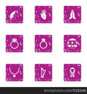 Magical tale icons set. Grunge set of 9 magical tale vector icons for web isolated on white background. Magical tale icons set, grunge style