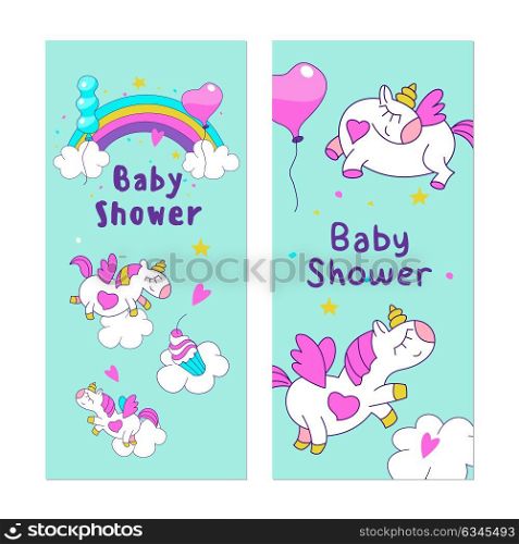 Magical unicorns. Cute design for baby shower. Little unicorns. For registration of a children&rsquo;s party, baby shower parties, postcards, banners, textiles.