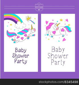 Magical unicorns. Cute design for baby shower. Little unicorns. For registration of a children&rsquo;s party, baby shower parties, postcards, banners, textiles.