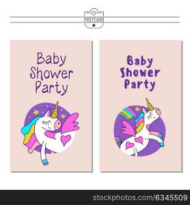 Magical unicorns. Cute design for baby shower. Little unicorns. For registration of a children&rsquo;s party, baby shower parties, postcards, banners, textiles.
