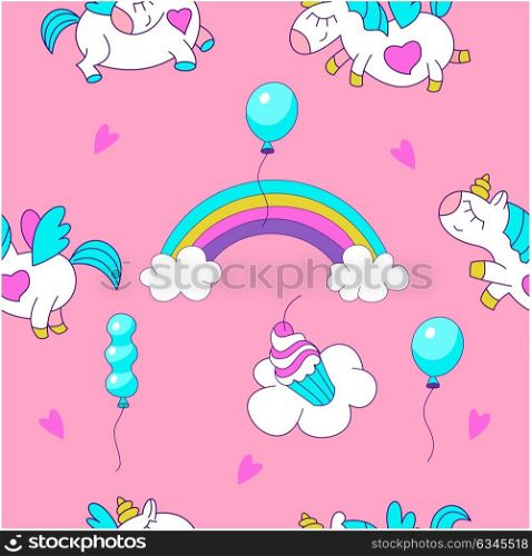 Magical unicorns. Seamless pattern. Suitable for printing on textile, wrapping paper. Cute design for a children&rsquo;s party.
