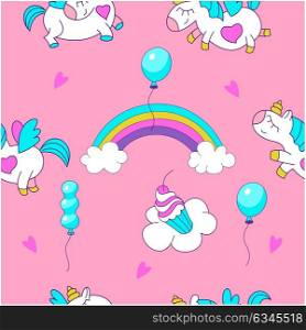 Magical unicorns. Seamless pattern. Suitable for printing on textile, wrapping paper. Cute design for a children&rsquo;s party.