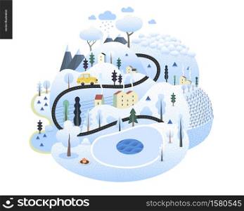 Magical winter landscape - snowed up island with hills, roads, cars, houses and snow-covered trees, with mountains and snow clouds above.. Magical landscape concept