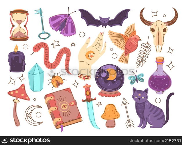 Magical witch collection. Magician symbols, hand drawn magic graphic. Cute hippie esoteric elements, snake crystal, mystic potion exact vector set. Illustration of magic witchcraft occult. Magical witch collection. Magician symbols, hand drawn magic graphic. Cute hippie esoteric elements, snake crystal, mystic potion exact vector set