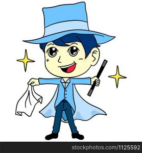 magician boy is doing magic. cartoon illustration cute sticker
