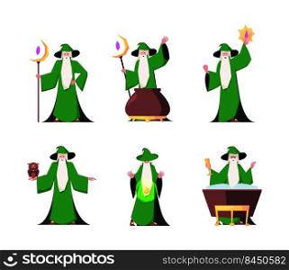Magician character. Fantasy old wizard with magic stuff medieval fabulous fairytale sorcerer man garish vector cartoon person. Illustration of magician wizard set. Magician character. Fantasy old wizard with magic stuff medieval fabulous fairytale sorcerer man garish vector cartoon person