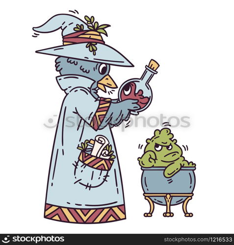 Magician creating cute monsters. Alchemist. Isolated objects on white background. Cartoon vector illustration.