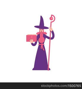 Magician flat color vector character. Old man with beard holding magic book. Elderly wizard putting spell. Alchemist isolated cartoon illustration for web graphic design and animation. Magician flat color vector character