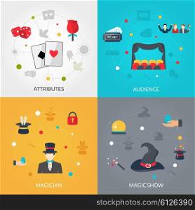 Magician flat set. Magician design concept set with magis show attributes flat icons isolated vector illustration