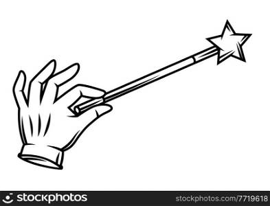 Magician hand with glove holding magic wand. Trick or magic illustration. Black and white stylized picture.. Magician hand with glove holding magic wand. Trick or magic illustration.