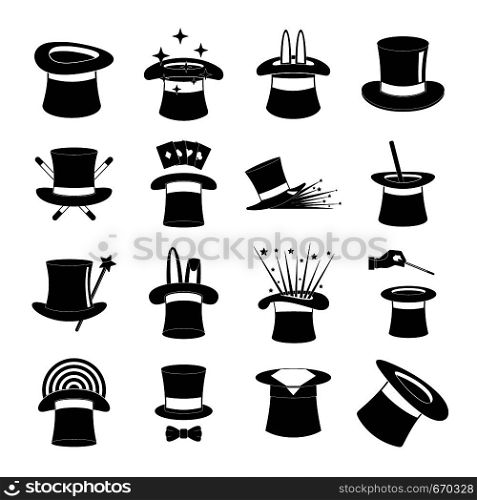Magician hat sorcery icons set. Simple illustration of 16 magician hat sorcery vector icons for web. Magician hat sorcery icons set, simple style