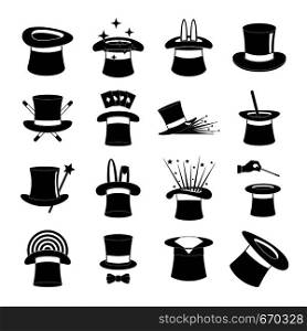Magician hat sorcery icons set. Simple illustration of 16 magician hat sorcery vector icons for web. Magician hat sorcery icons set, simple style