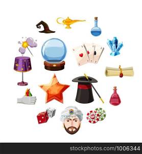 Magician icons set items. Cartoon illustration of 16 magician items vector icons for web. Magician icons set items, cartoon style