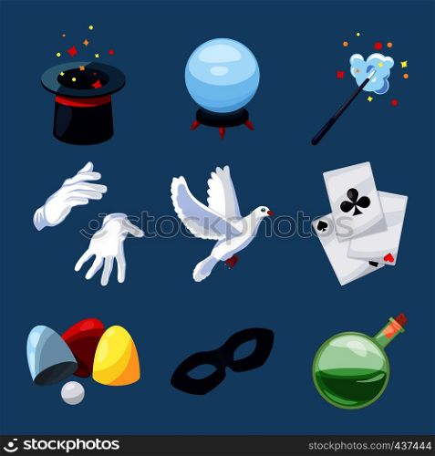 Magician icons set. Surprise vector illustrations in cartoon style. Magic wand, mystery book, cylinder and other different tools for performance show. Magician icons set. Surprise vector illustrations in cartoon style. Magic wand, mystery book, cylinder