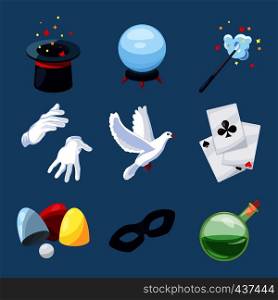 Magician icons set. Surprise vector illustrations in cartoon style. Magic wand, mystery book, cylinder and other different tools for performance show. Magician icons set. Surprise vector illustrations in cartoon style. Magic wand, mystery book, cylinder