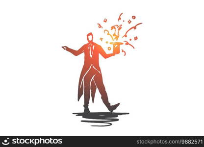 Magician, man, trick, hat, show concept. Hand drawn wizard doing a trick concept sketch. Isolated vector illustration.. Magician, man, trick, hat, show concept. Hand drawn isolated vector.