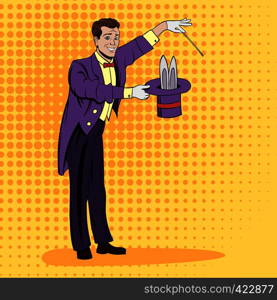 Magician pulling out a rabbit from his top hat in comics style. Magician pulling out a rabbit