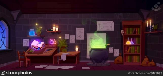 Magician room interior design. Vector cartoon illustration of mysterious lab with green potion boiling in cauldron, spell book floating in air, elixir bottles glowing on shelf, paper notes on wall. Magician room interior design