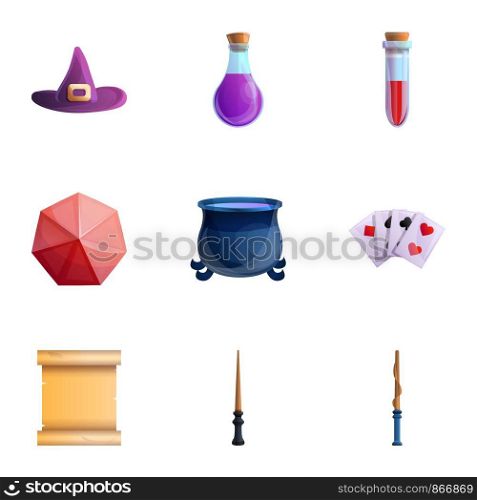 Magician tools icon set. Cartoon set of 9 magician tools vector icons for web design isolated on white background. Magician tools icon set, cartoon style