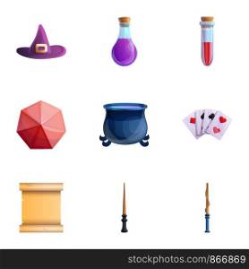 Magician tools icon set. Cartoon set of 9 magician tools vector icons for web design isolated on white background. Magician tools icon set, cartoon style
