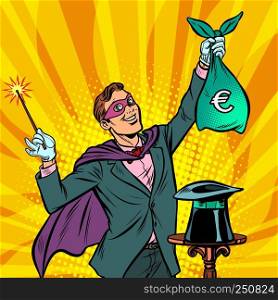 Magician with euro money. Pop art retro vector illustration vintage kitsch. Magician with euro money