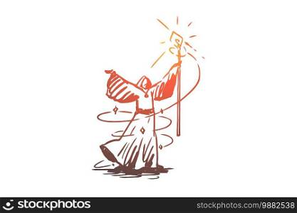 Magician, wizard, witchcraft, sorcery, costume concept. Hand drawn magician conjures concept sketch. Isolated vector illustration.. Magician, wizard, witchcraft, sorcery, costume concept. Hand drawn isolated vector.