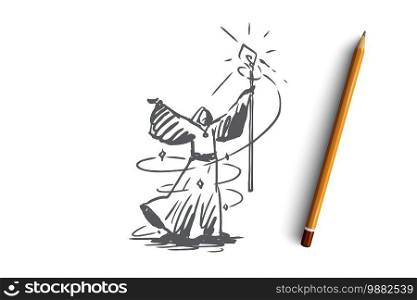 Magician, wizard, witchcraft, sorcery, costume concept. Hand drawn magician conjures concept sketch. Isolated vector illustration.. Magician, wizard, witchcraft, sorcery, costume concept. Hand drawn isolated vector.