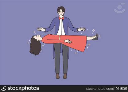 Magician work in circus make woman assistant float in air. Witcher perform magic focus or trick with lady levitating. Illusionist, magical performance. Cartoon character, vector illustration. . Magician make woman float in air in circus