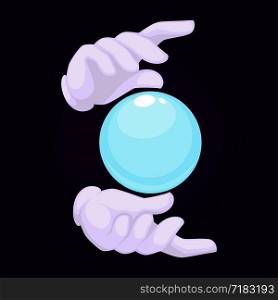 Magicians hands wearing gloves holding crystal ball used for making predictions for people wanting to know future. Stars and mystical sphere illuminating and glowing black vector illustration. Magicians hands wearing gloves holding crystal ball used for making predictions for people wanting to know future.