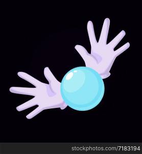 Magicians hands wearing gloves holding crystal ball used for making predictions for people wanting to know future. Stars and mystical sphere illuminating and glowing black vector illustration. Magicians hands wearing gloves holding crystal ball used for making predictions for people wanting to know future.