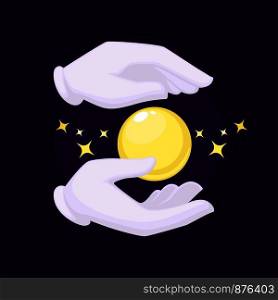 Magicians hands wearing gloves holding crystal ball used for making predictions for people wanting to know future. Stars and mystical sphere illuminating and glowing black vector illustration. Magicians hands and crystal ball black vector illustration