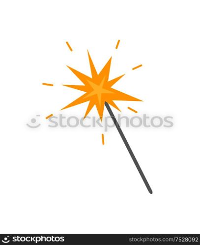 Magicion stick with star, flat icon isolated. Vector cartoon clipart, golden star on top of wand. Flat style design of wizard magical and mystery stuff. Magicion Stick with Star, Flat Icon Isolated